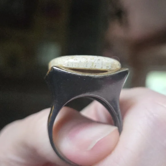 Coral Fossil Stone sterling rhodium & gold Ring sz9